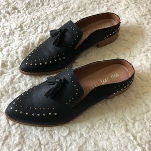 MI.IM Black Studded Genuine Leather Loafer Mules